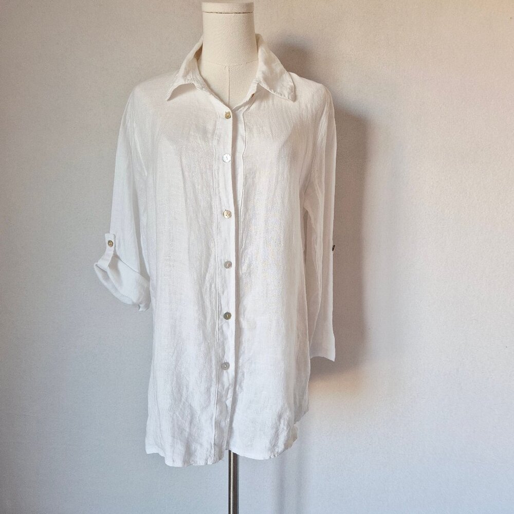 Lungo L'arno Made in Italy 100% Linen Pearl Button Shirt Roll Tap Sleeve White